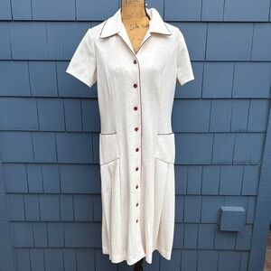 Vintage Cream Midi house Dress with brown accents speckled large 50’s